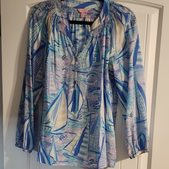 Lilly Pulitzer Tops - Lilly Pulitzer Blue and Cream Sailboat Elsa Blouse